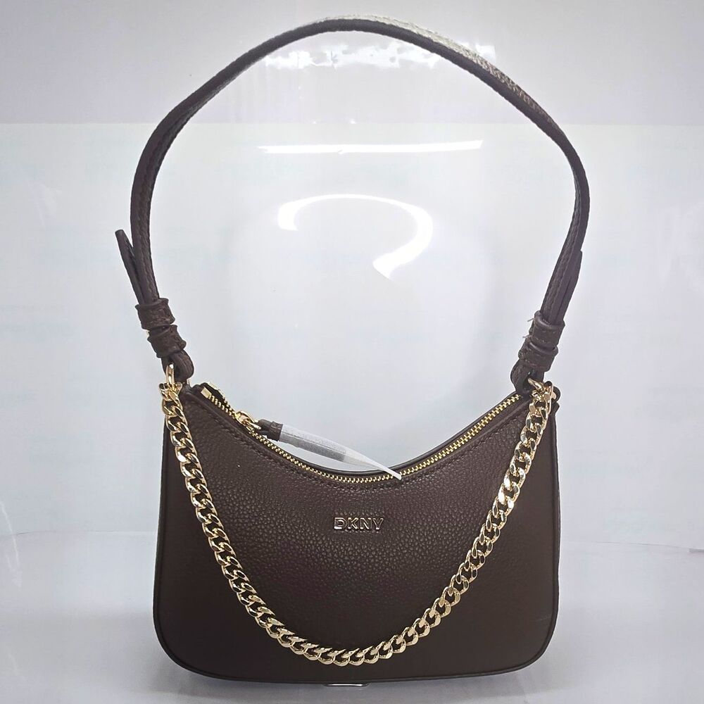 DKNY Brown Pebbled Small Crescent Shoulder Bag Gold Chain Zip Pockets New with o